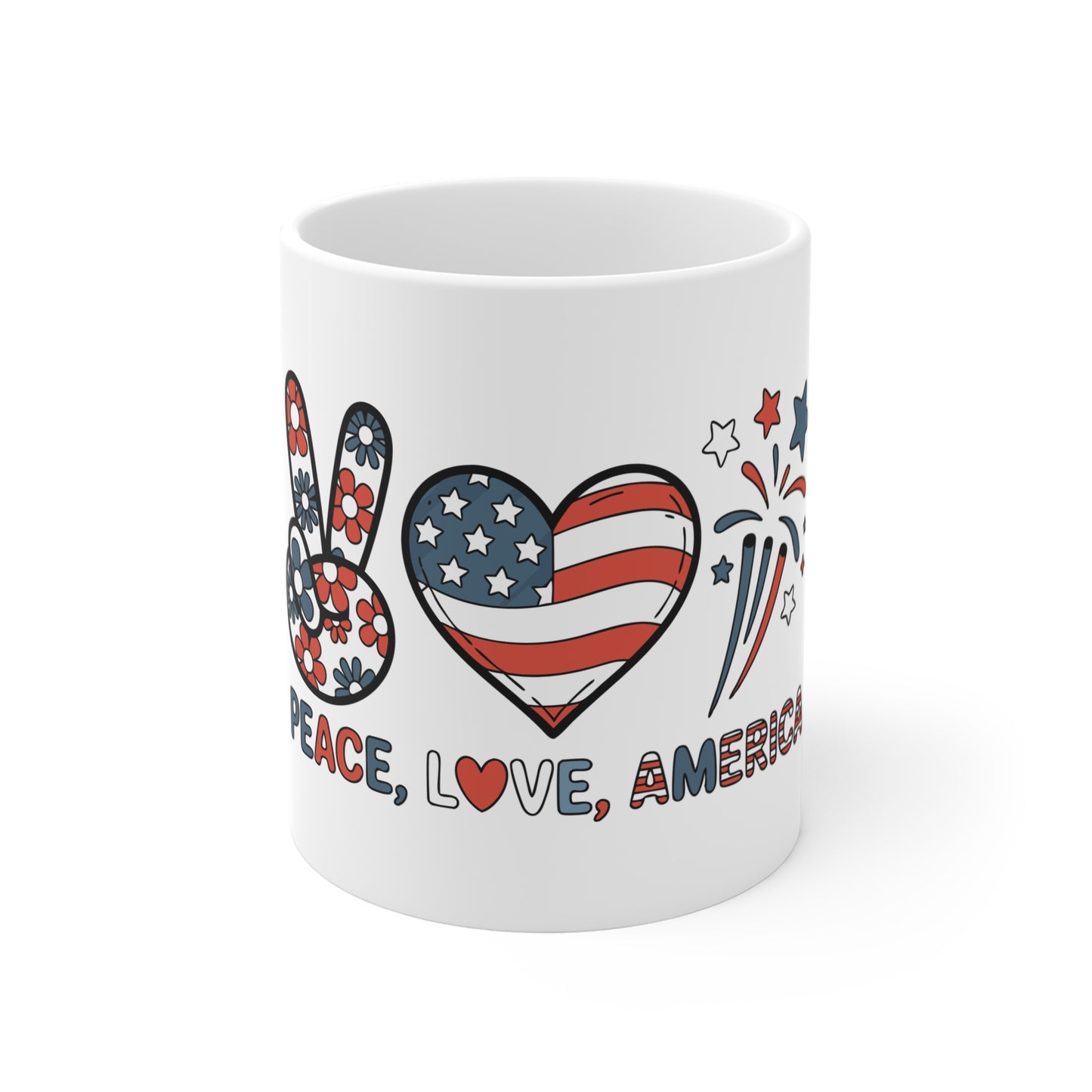 11oz Mug — Peace, Love, America Patriotic Flag Design (Fourth of July Coffee Cup)