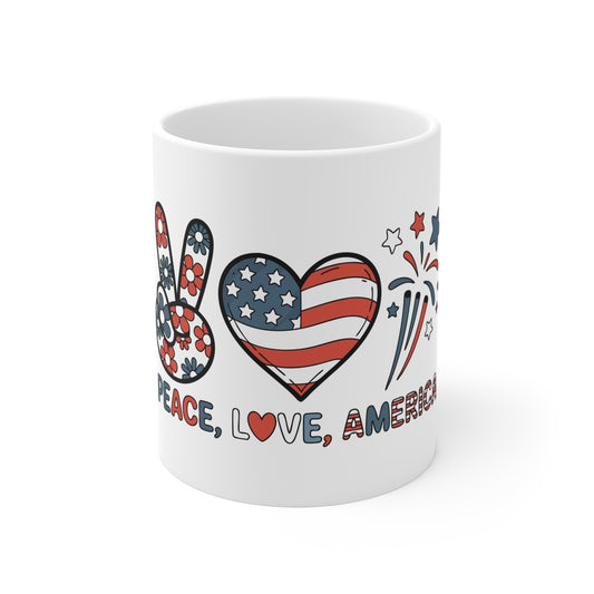 11oz Mug — Peace, Love, America Patriotic Flag Design (Fourth of July Coffee Cup)