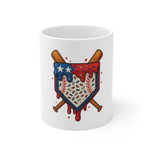 Baseball Home Plate Mug — Patriotic Dripping USA Design, 11oz
