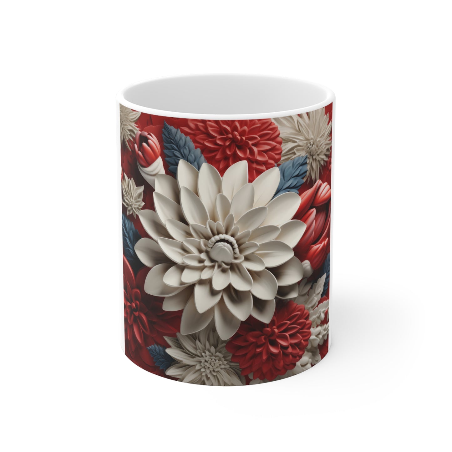 Patriotic 3D Dahlia Flower Coffee Mug – Red White Blue Sculpted Floral Mug – Bold Botanical Art Cup – Premium Americana Statement Mug Floral Dahlia Ceramic Mug — Red & Ivory 11oz