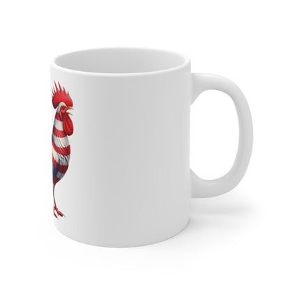 Patriotic Rooster Coffee Mug – Bold American Flag Chicken Design – Red White Blue Farmhouse Mug – USA Pride Gift American Flag Rooster Mug — Patriotic 11oz Coffee Cup