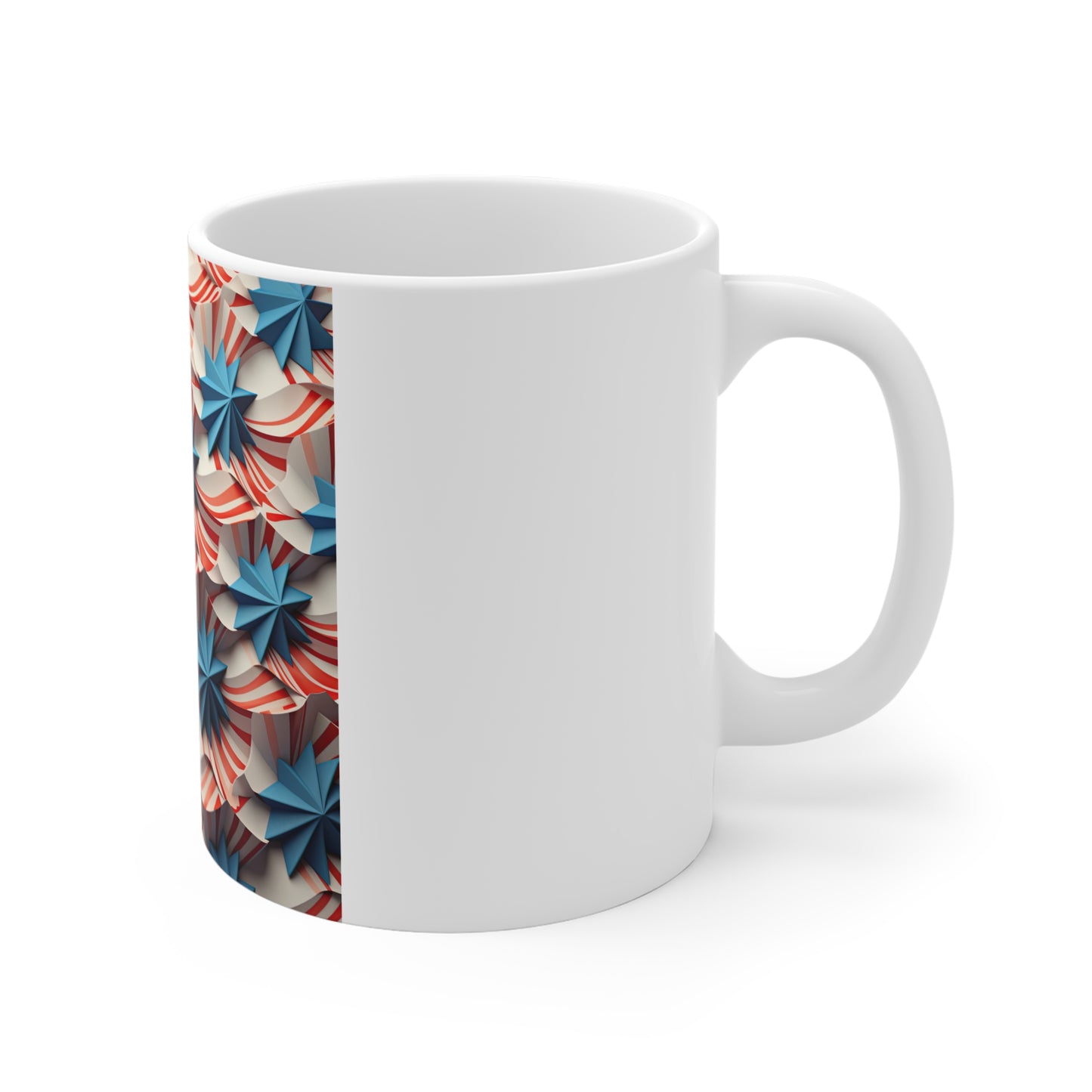 3D Patriotic Wave Star Coffee Mug – Flowing Red White Blue Ribbon Mug – Layered Americana Star Design – USA Flag Inspired Mug 11oz