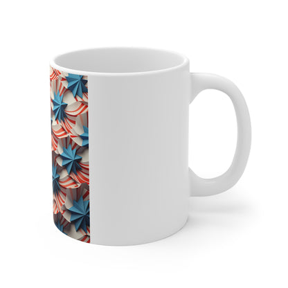 3D Patriotic Wave Star Coffee Mug – Flowing Red White Blue Ribbon Mug – Layered Americana Star Design – USA Flag Inspired Mug 11oz