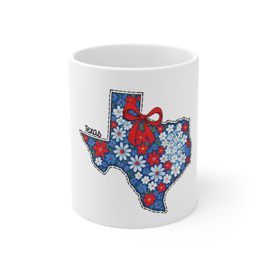 Texas Floral Mug 11oz — Red, White & Blue State Shape with Bow