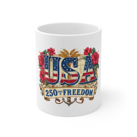 USA 250th Freedom Celebration Mug — Patriotic 11oz Coffee Cup