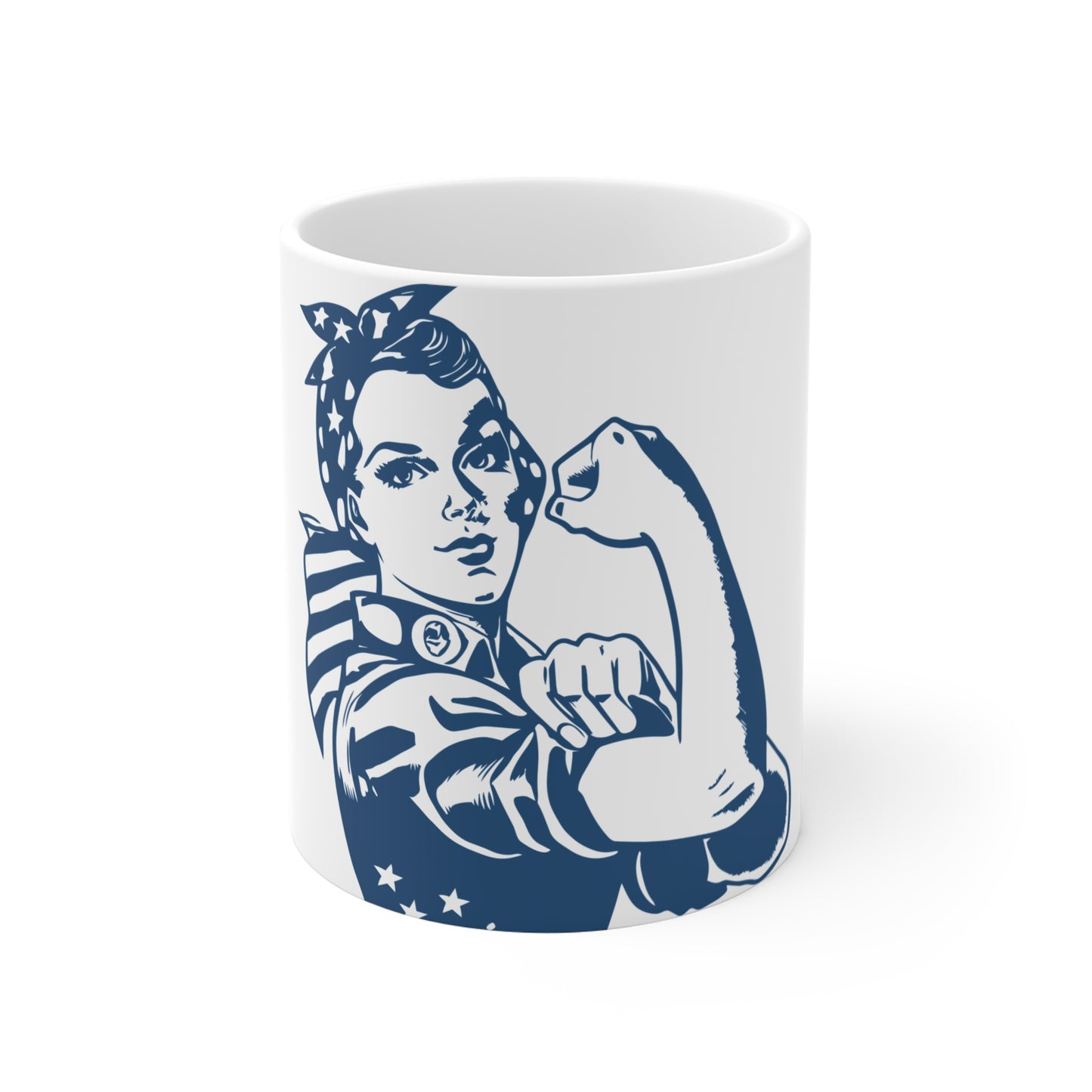 Strong American Woman Coffee Mug – Rosie Style Patriotic Mug – Feminine Power USA Mug – Vintage Americana Woman Gift – Empowered Woman Coffee Cup Mug 11oz