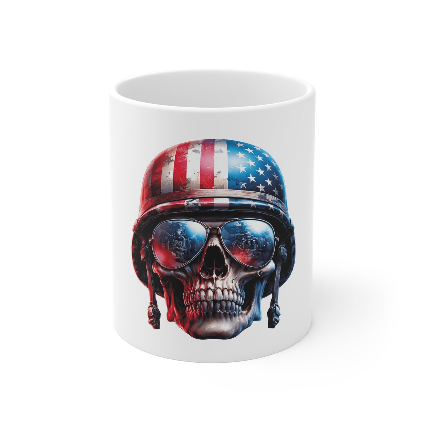 American Soldier Skull Coffee Mug – Patriotic Military Skull with Helmet & Sunglasses Mug – Veteran Tribute USA Mug 11oz