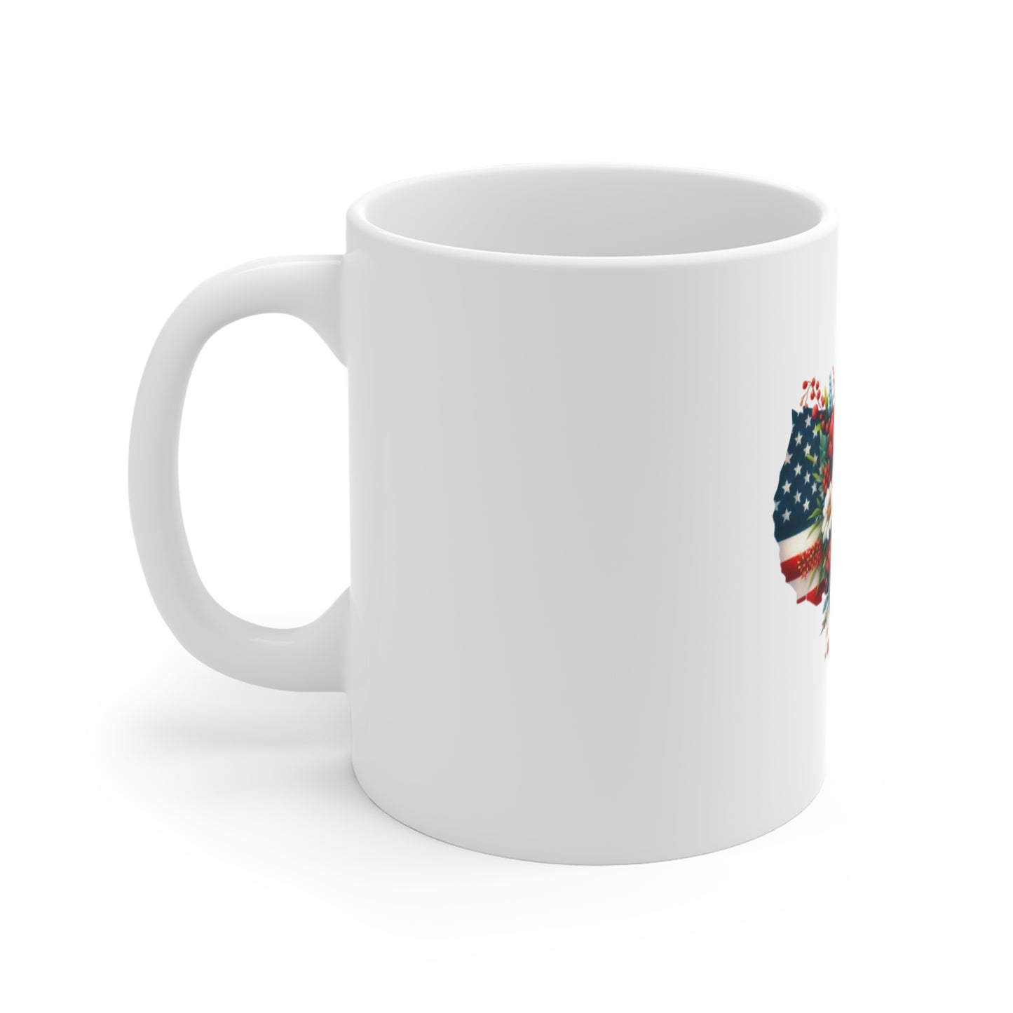 Patriotic Floral USA Map Mug — American Flag with Red & White Flowers (11 oz)