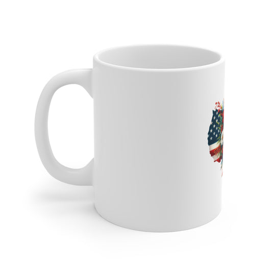Patriotic Floral USA Map Mug — American Flag with Red & White Flowers (11 oz)