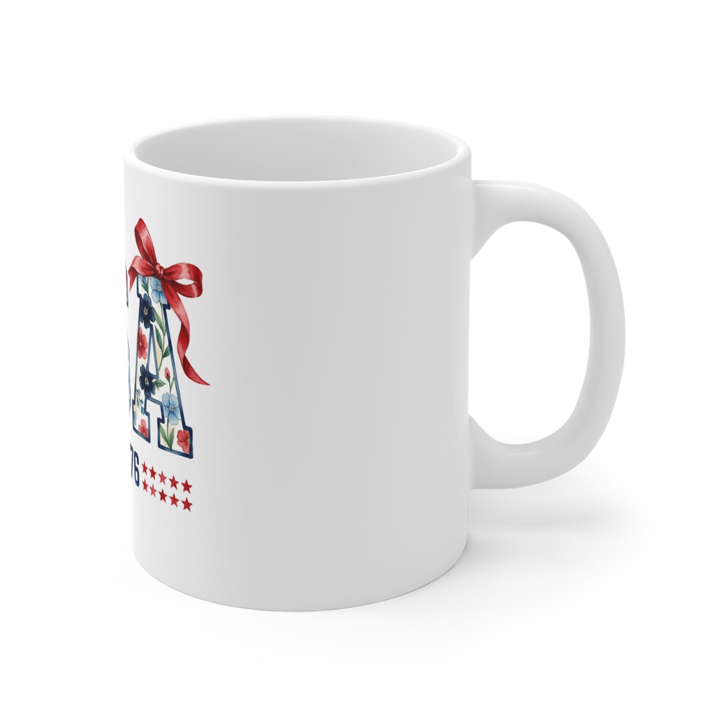 USA Est 1776 Floral Coffee Mug – Patriotic Red Blue Flower Mug – Americana Bow Design Cup – Vintage Style Gift Mug Mug 11oz