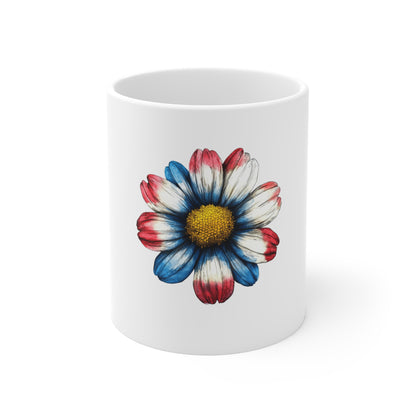 Patriotic Daisy 11oz Coffee Mug — Red White Blue Floral Tea Cup