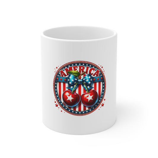 America Cherry Patriotic Mug - 11oz Stars & Stripes Coffee Cup