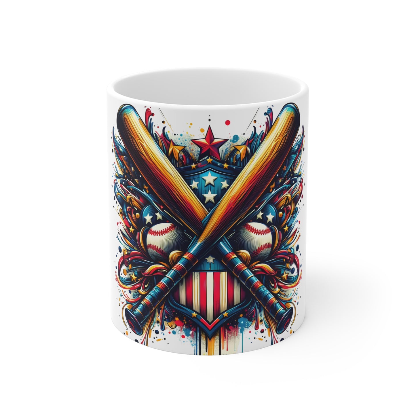 Patriotic Baseball Bats Coffee Mug – Crossed Bats American Shield Mug – USA Baseball Art Cup – Bold 4th of July Sports Gift 11oz
