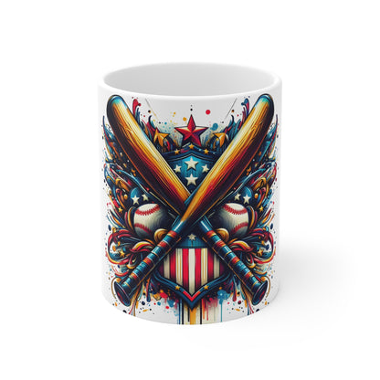 Patriotic Baseball Bats Coffee Mug – Crossed Bats American Shield Mug – USA Baseball Art Cup – Bold 4th of July Sports Gift 11oz