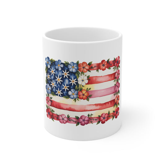 11oz Mug — Floral American Flag Coffee Cup (Patriotic Blooms)