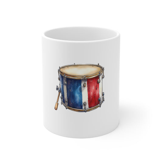 Drum with French Flag 11oz Ceramic Mug — Patriotic Musician Coffee Cup