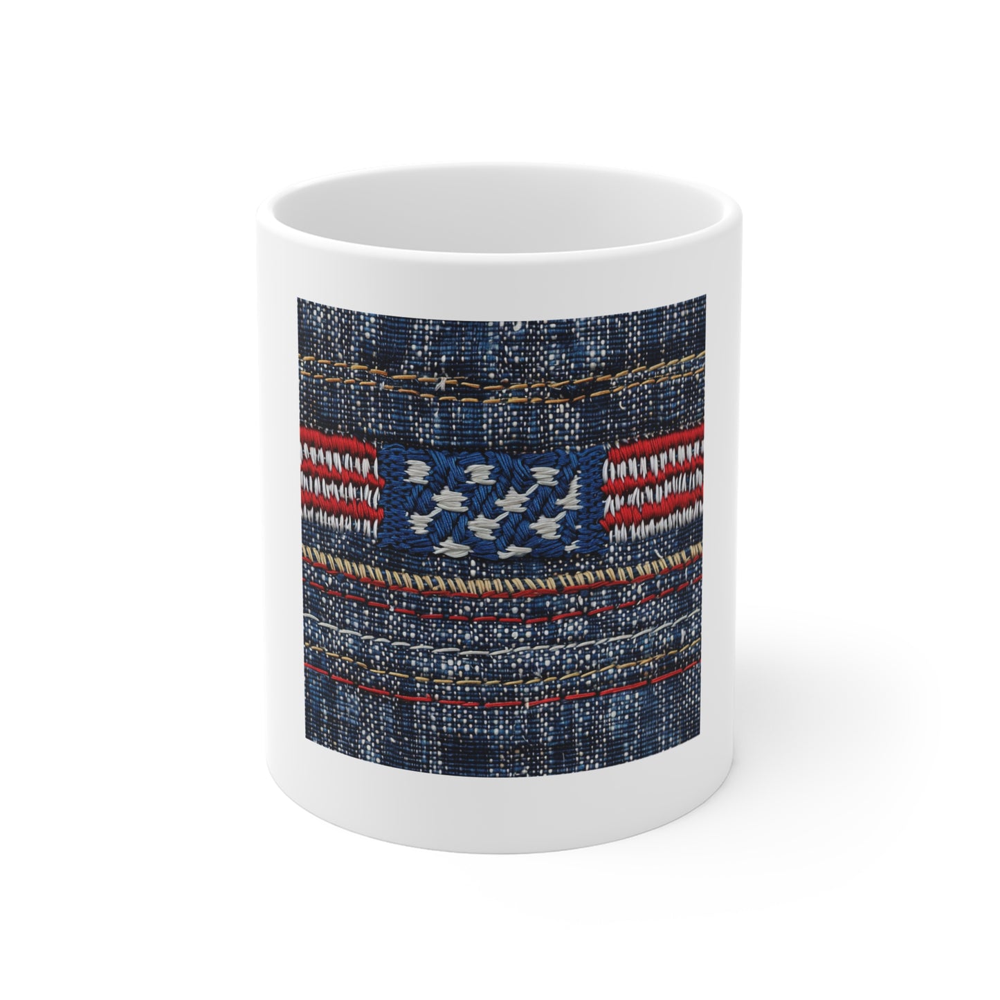 Embroidered Denim American Flag Coffee Mug – Textured Stitch Patriotic Mug – Woven USA Flag Design Cup – Americana Fabric Style GiftAmerican Flag Denim Mug — 11oz Patriotic Coffee Cup