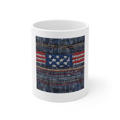 Embroidered Denim American Flag Coffee Mug – Textured Stitch Patriotic Mug – Woven USA Flag Design Cup – Americana Fabric Style GiftAmerican Flag Denim Mug — 11oz Patriotic Coffee Cup