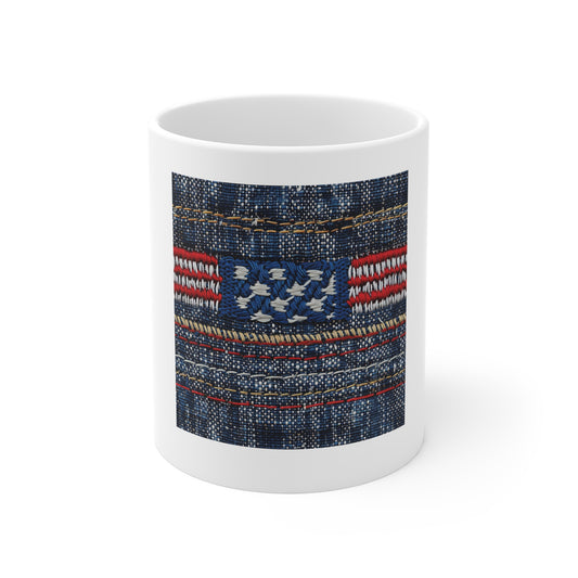 Embroidered Denim American Flag Coffee Mug – Textured Stitch Patriotic Mug – Woven USA Flag Design Cup – Americana Fabric Style GiftAmerican Flag Denim Mug — 11oz Patriotic Coffee Cup