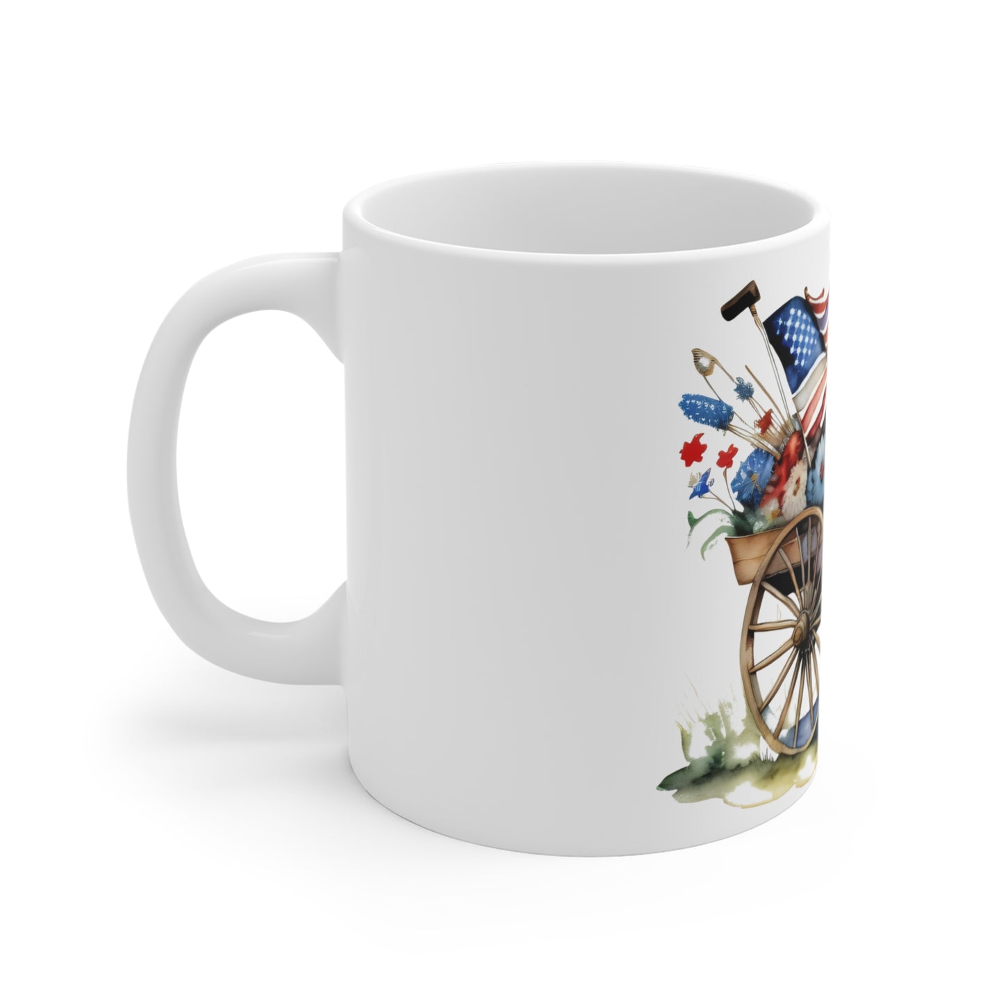 Patriotic Wagon Floral Mug – Americana Watercolor Garden Coffee Cup – Rustic Farmhouse USA Flag Mug 11oz
