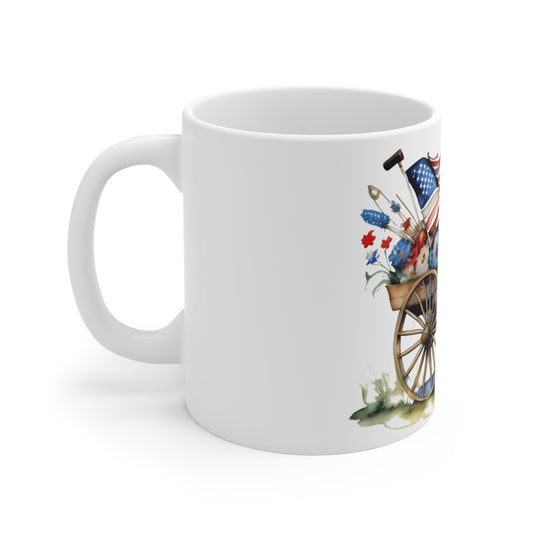 Patriotic Wagon Floral Mug – Americana Watercolor Garden Coffee Cup – Rustic Farmhouse USA Flag Mug 11oz