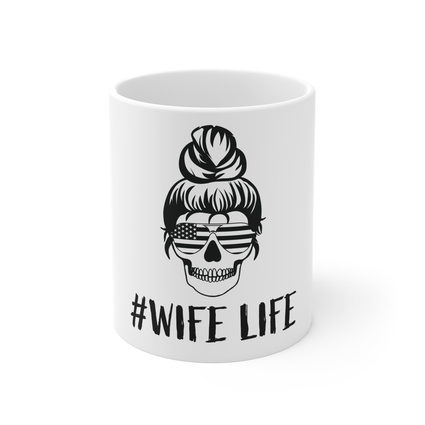 Patriotic Skull Bun Coffee Mug – American Flag Sunglasses Skull Mug – USA Mom Skull Cup – Bold Americana Gift Mug 11oz
