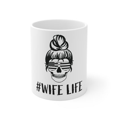 Patriotic Skull Bun Coffee Mug – American Flag Sunglasses Skull Mug – USA Mom Skull Cup – Bold Americana Gift Mug 11oz