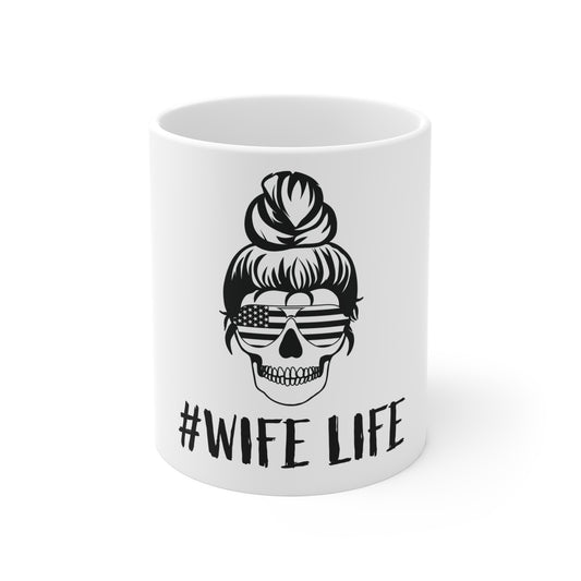 Patriotic Skull Bun Coffee Mug – American Flag Sunglasses Skull Mug – USA Mom Skull Cup – Bold Americana Gift Mug 11oz