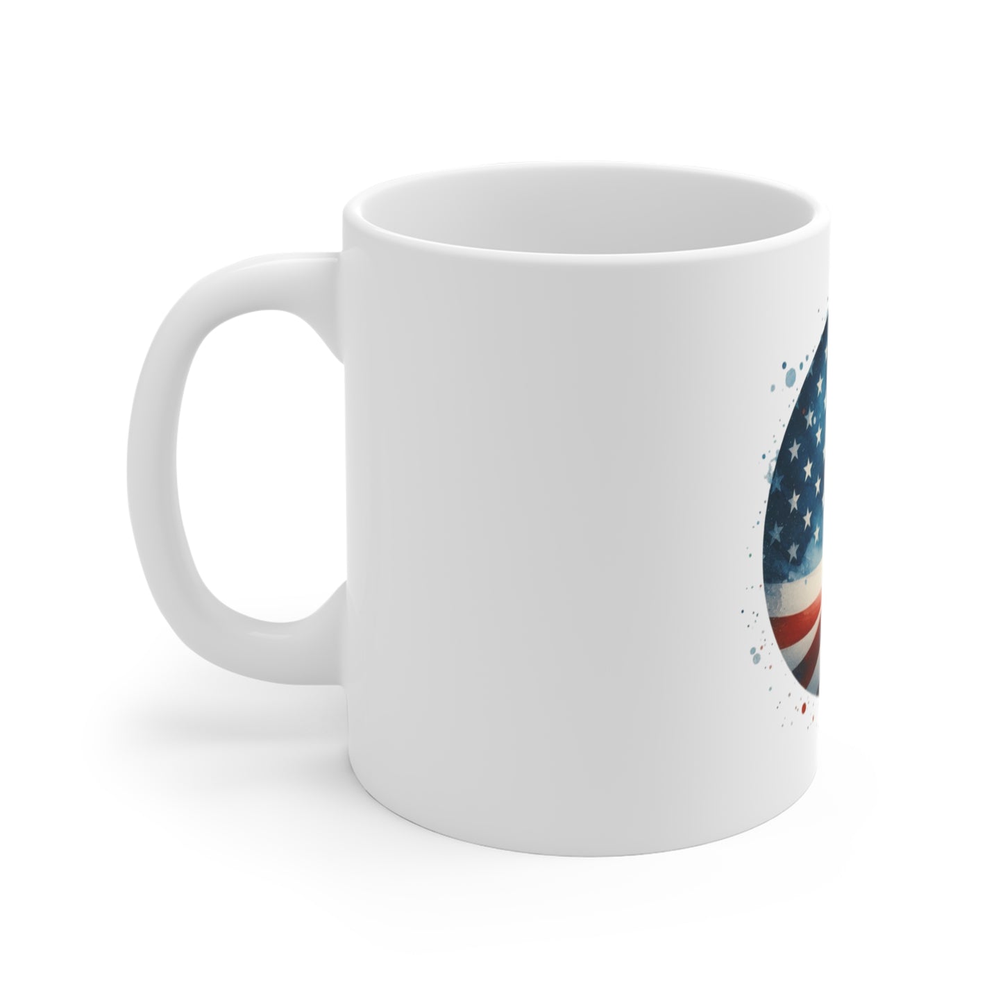 Round American Flag Coffee Mug – Watercolor USA Circle Flag Mug – Patriotic Stars and Stripes Cup – Artistic Red White Blue Mug Mug 11oz