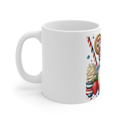 Patriotic Ice Cream Sundae Coffee Mug – 4th of July Mason Jar Dessert Mug – Red White Blue Milkshake Cup with American Flag & Cookie Patriotic Red White Blue Milkshake Mug — 11oz Americana Dessert...