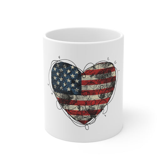 American Flag Heart Mug — Rustic USA Patriotic Coffee Cup (11 oz)
