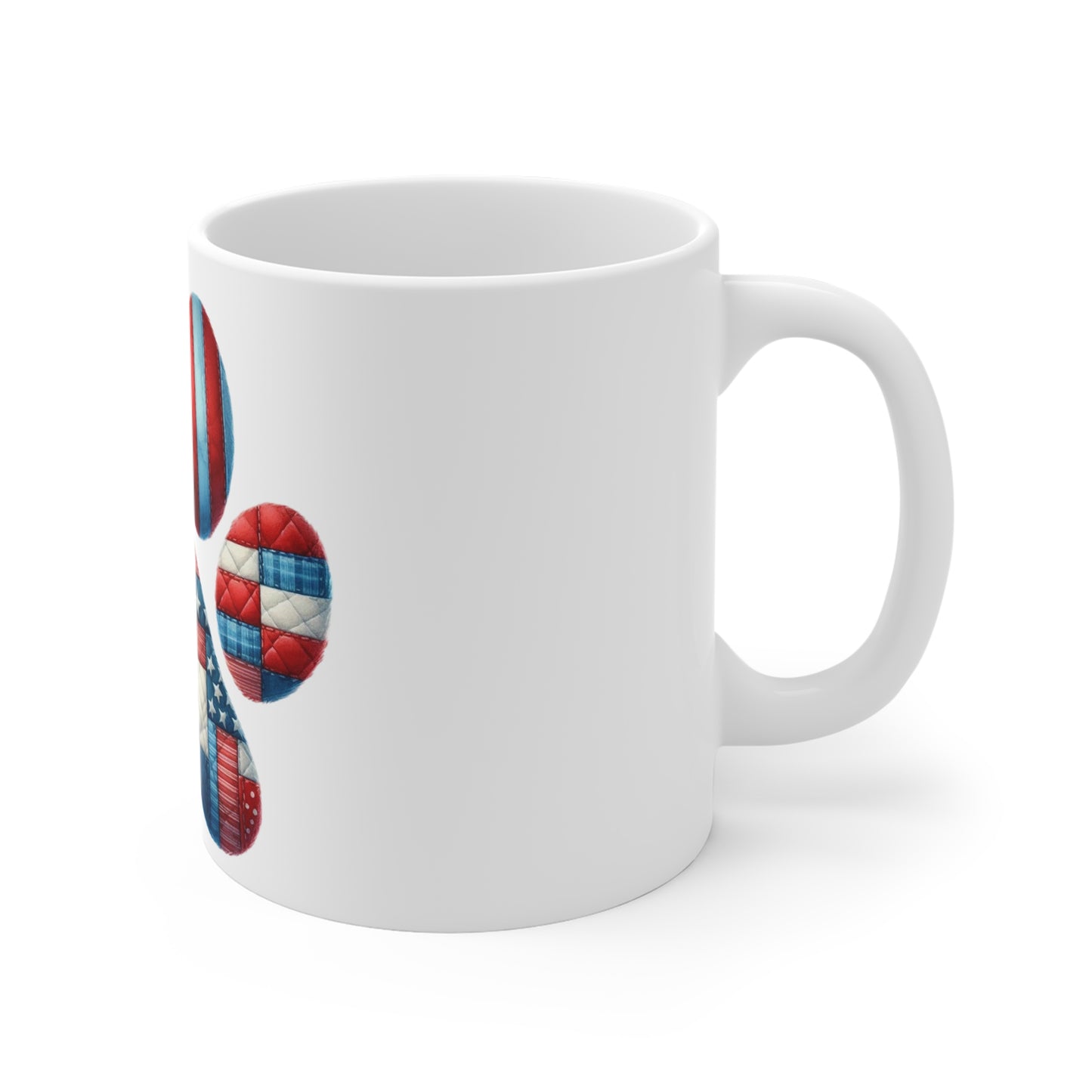 Bold Americana Dog Paw Coffee Mug – Red White Blue Star Quilt Paw Print Mug – Patriotic Dog Lover Gift – USA Flag Style Mug American Flag Paw Print Mug — 11oz Patriotic Dog Lover Coffee Cup