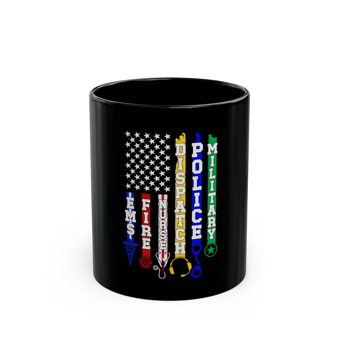 First Responders Flag Mug – EMS Fire Nurse Dispatch Police Military Coffee Cup – American Heroes Tribute Design Black Mug (11oz, 15oz)