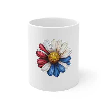 Patriotic Daisy Mug — Red White Blue Flower 11oz Ceramic Coffee Cup