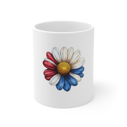 Patriotic Daisy Mug — Red White Blue Flower 11oz Ceramic Coffee Cup