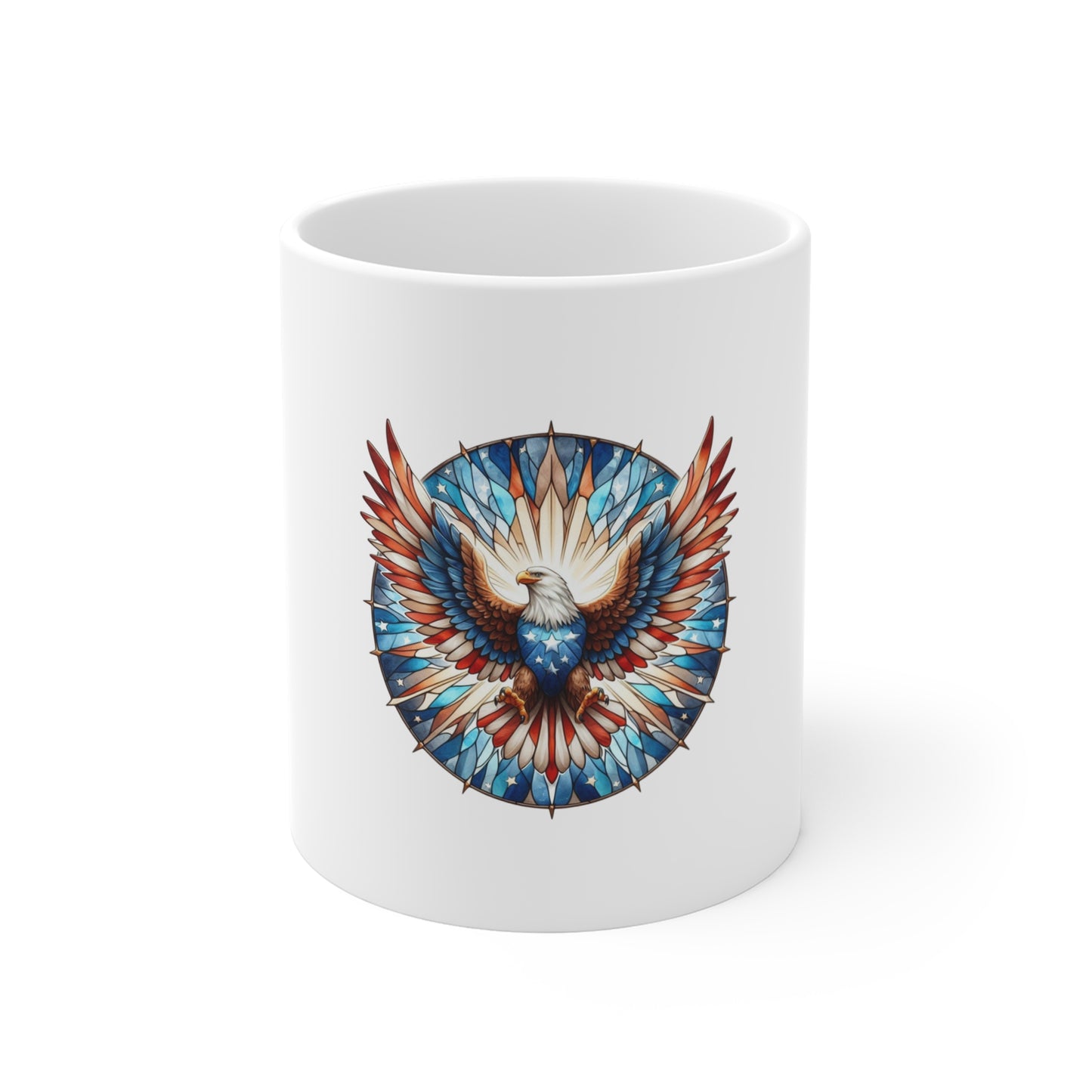 Stained Glass American Eagle Mug – Patriotic Bald Eagle Coffee Mug – USA Freedom Art Cup – Red White Blue Americana Gift Mug 11oz