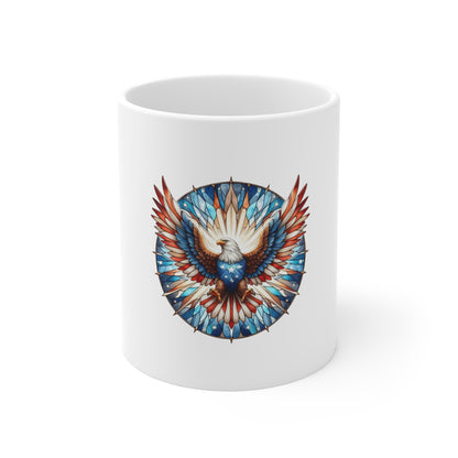 Stained Glass American Eagle Mug – Patriotic Bald Eagle Coffee Mug – USA Freedom Art Cup – Red White Blue Americana Gift Mug 11oz