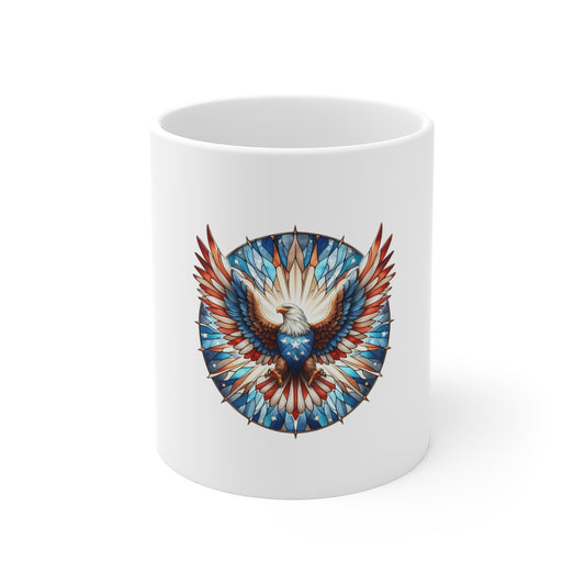 Stained Glass American Eagle Mug – Patriotic Bald Eagle Coffee Mug – USA Freedom Art Cup – Red White Blue Americana Gift Mug 11oz