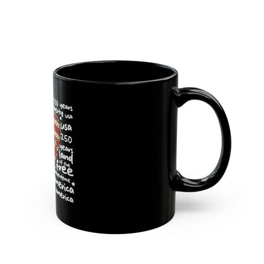 Patriotic Floral Heart Mug – USA Flag Flower Heart Coffee Cup – 250 Years Freedom Design Black Mug (11oz, 15oz)