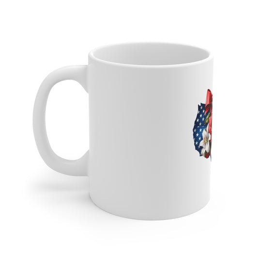 USA Floral Map 11oz Coffee Mug — Patriotic Red Rose & Lily Design for 4th of July