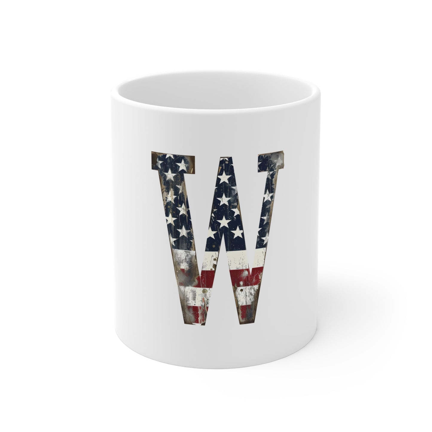 Patriotic Letter W Coffee Mug – American Flag Initial Mug – Vintage USA Monogram Mug – Distressed Americana Alphabet Gift Mug 11oz