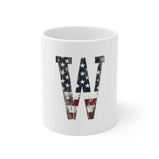 Patriotic Letter W Coffee Mug – American Flag Initial Mug – Vintage USA Monogram Mug – Distressed Americana Alphabet Gift Mug 11oz