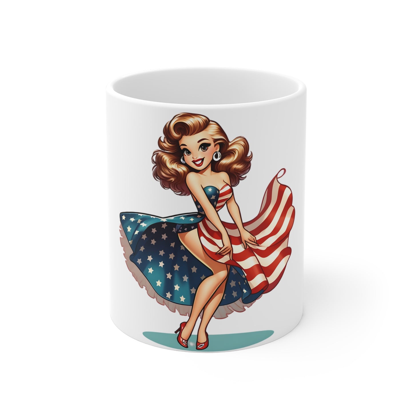 Patriotic Pin-Up Dress Mug – Vintage Americana Woman Coffee Mug – Retro USA Flag Skirt Cup – Classic American Beauty Mug – Fourth of July Gift Patriotic Pin-Up Girl Mug — Retro American Flag 11oz...