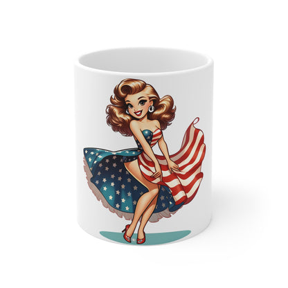 Patriotic Pin-Up Dress Mug – Vintage Americana Woman Coffee Mug – Retro USA Flag Skirt Cup – Classic American Beauty Mug – Fourth of July Gift Patriotic Pin-Up Girl Mug — Retro American Flag 11oz...