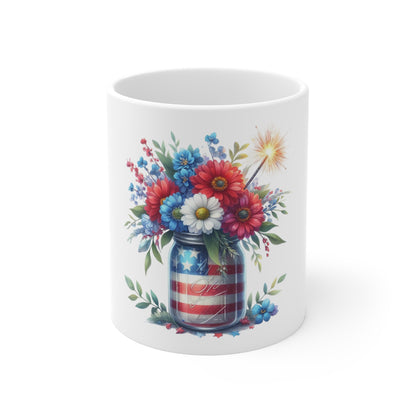Patriotic Firework Floral Mason Jar Coffee Mug – Red White Blue Flower Bouquet Mug – Americana Sparkler Vase Cup – 4th of July Gift Mug Patriotic Mason Jar Floral Mug — 11oz American Flag Bouquet...
