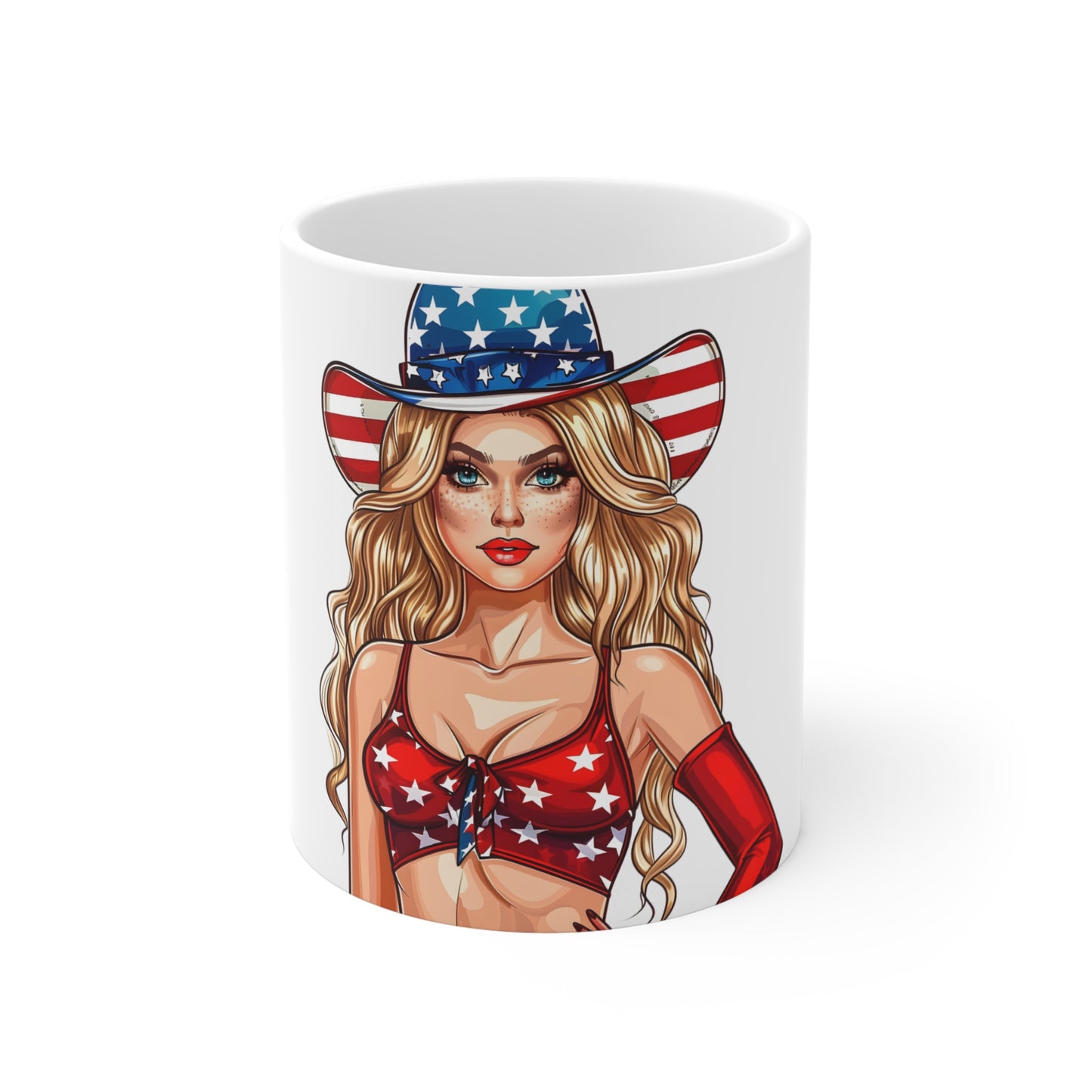 Patriotic Cowgirl Coffee Mug – USA Flag Hat Pin-Up Mug – Americana Western Woman Art Cup – Bold 4th of July Gift Mug 11oz