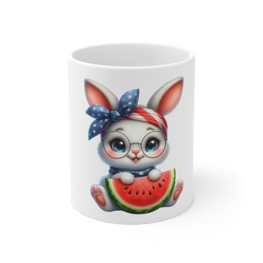 Cute Patriotic Bunny Coffee Mug – Kawaii Americana Rabbit Mug – Red White Blue Watermelon Cup – Adorable USA Gift Mug 11oz