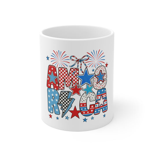 America USA Patriotic 11oz Coffee Mug — Red White Blue Stars & Fireworks