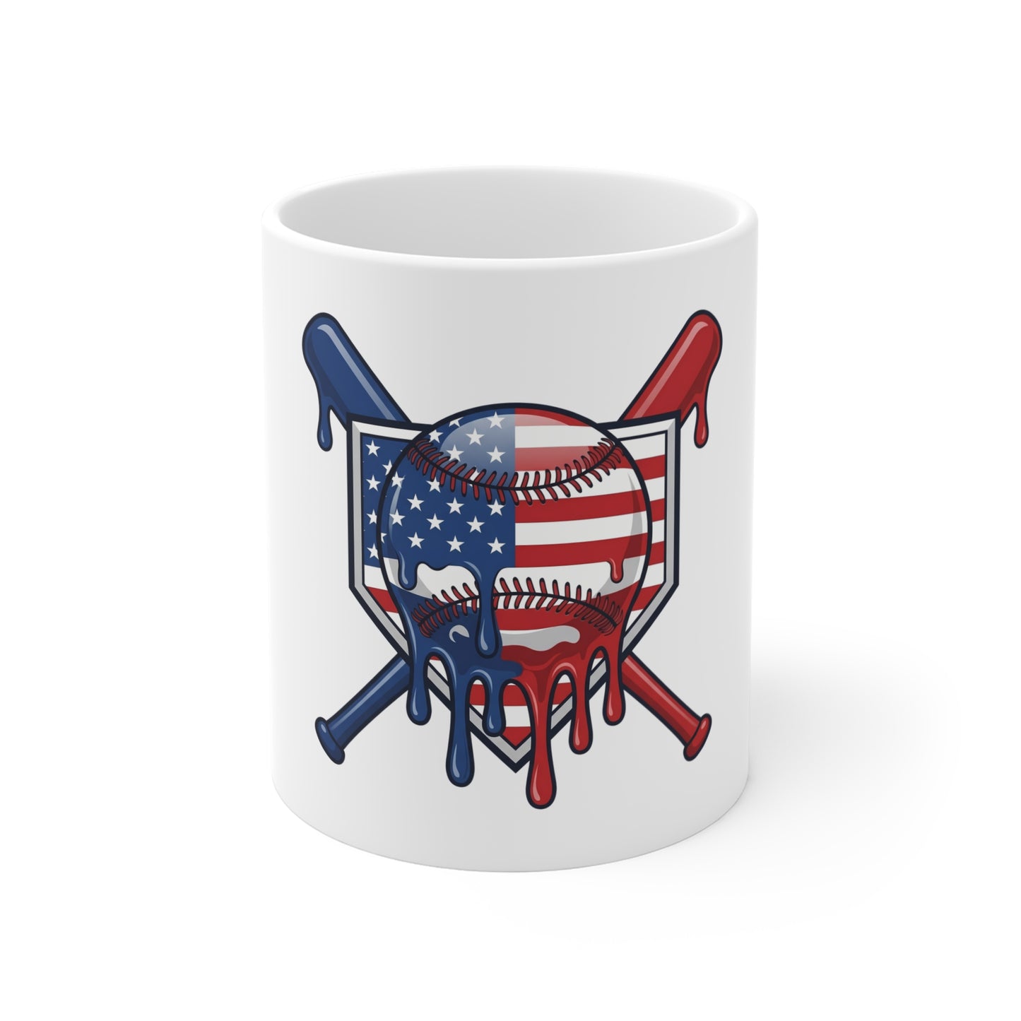 American Flag Baseball Mug — Dripping Patriotic Ball & Bats 11oz