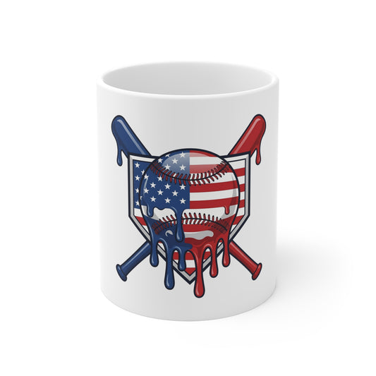 American Flag Baseball Mug — Dripping Patriotic Ball & Bats 11oz